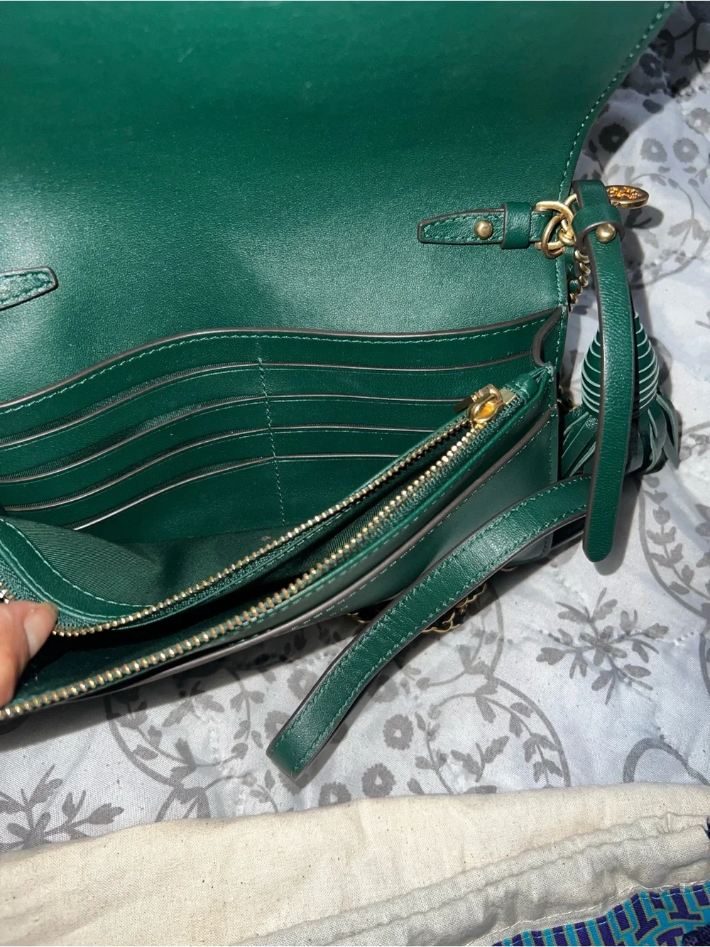 Tory Burch Dark Green Quilted Tassel Wristlet